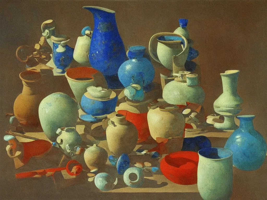 Image similar to greek painted ceramic, pottery, amphora, vase, negative - positive, floating in the night sky. lapis - lazuli, turquoise, malachite, cinnabar, earth brown. painting by georged de la tour, balthus, agnes pelton