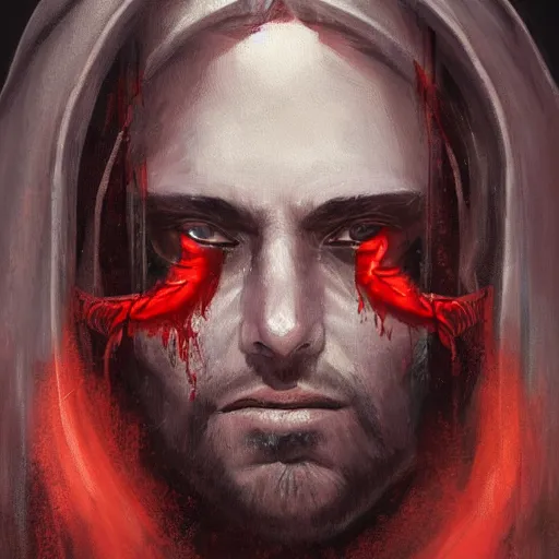 Image similar to portrait painting of a handsome Catholic priest with red eyes, dark, intricate details, highly detailed, concept art, trending on artstation, award-winning. Art by Loran DeSore and Merwild