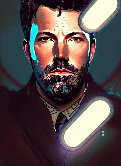 Prompt: portrait of ben affleck, volumetric lights, feast, music notes, art nouveau botanicals, gothic, intricate, highly detailed, digital painting, artstation, concept art, smooth, sharp focus, symmetric face, illustration, steampunk, art by artgerm and greg rutkowski and alphonse mucha