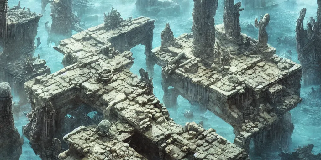 Image similar to Underwater ancient temple, statues, rubble, broken pillars, fishes, coral, Monster Hunter Illustrations art book, Moebius, Greg Rutkowski, Zabrocki, Karlkka, Jayison Devadas, Phuoc Quan, trending on Artstation, 8K, ultra wide angle, zenith view, pincushion lens effect.