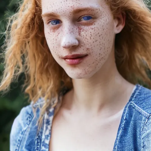 Prompt: Portrait photograph of a Strawberry-Blonde Girl, Young Beautiful Face, Green Eyes, Freckles, Wearing a white crop-top and jeans, with a subtle smile, Humans of New York Style