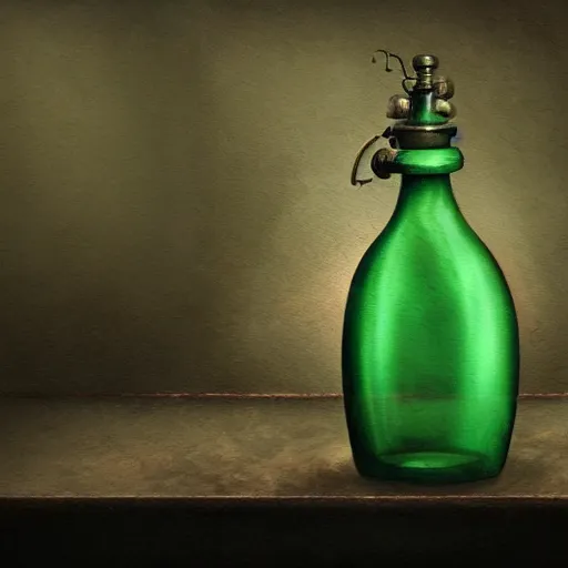 Prompt: a painting of a steampunk turqoise potion bottle in a dark dusty vintage science lab, by h. r. giger, hyperrealistic fantasy art, concept matte, ethereal, dreamy, digital art, trending on artstation, volumetric cinematic lighting