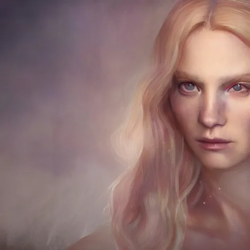 Image similar to pure and kind aristocratic blonde female portrait, sheer flowing dress, atmospheric lighting, painted, intricate, volumetric lighting, beautiful, rich deep colours masterpiece, golden hour, sharp focus, ultra detailed, by leesha hannigan, ross tran, thierry doizon, kai carpenter, ignacio fernandez rios