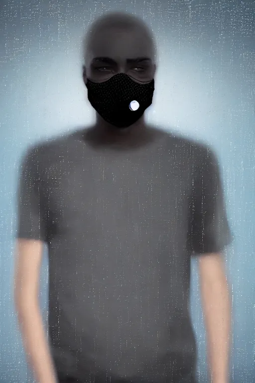 Image similar to vhs glitched face of young man wearing black mask