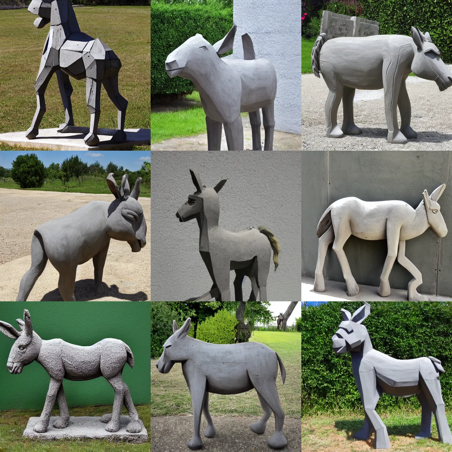 Prompt: donkey sculpture made of concrete, full body