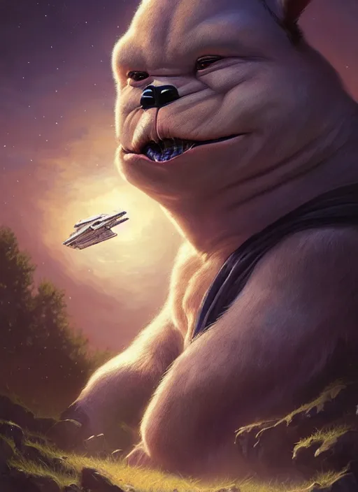 Image similar to hyper realistic, star wars, zoomed out portrait of a mega derpy big chungus, stoned, by greg rutkowski, scott m fischer, artgerm, loish, slight glow, atmospheric, anne stokes, alexandros pyromallis