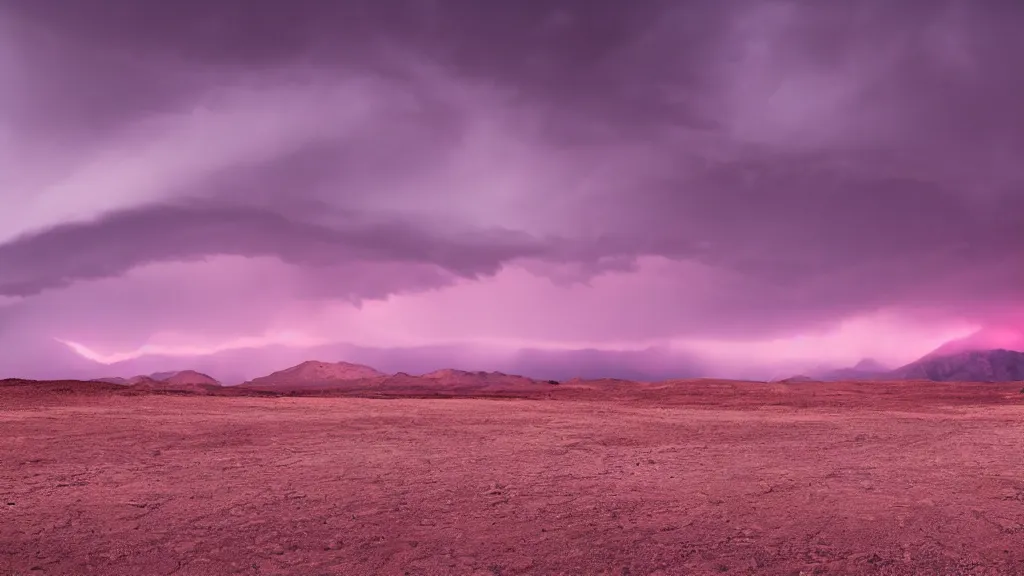 Image similar to soft glow pink desert with snow mountains and cloudy skies, purple fog, thunderstorms in the distance, long exposure, detailed, hyper realistic, photorealism, landscape, ultra wide angle view, peaceful, cinematic, volumetric lighting, god ray through clouds, disturbance