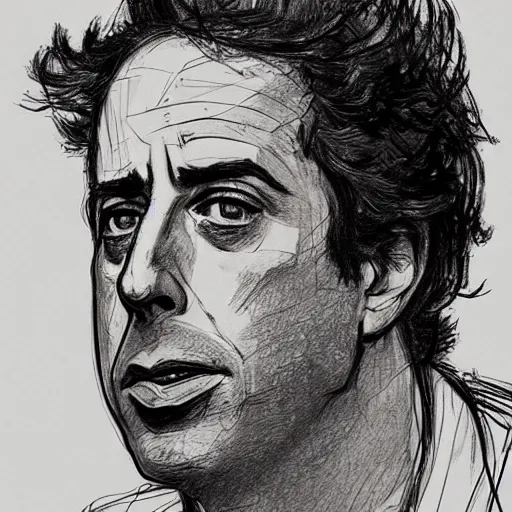 Image similar to a realistic yet scraggly portrait sketch of the side profile of a stern and sophisticated jerry seinfeld, trending on artstation, intricate details, in the style of frank auerbach, in the style of sergio aragones, in the style of martin ansin, in the style of david aja, in the style of mattias adolfsson