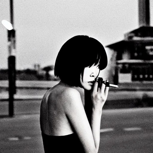 Prompt: beautiful gorgeous Japanese edgy model girl with short hair is smoking a cigarette, she's sad, sunset 80mm lens, 1.2 aperture, Kodak 5219, grainy image, close up