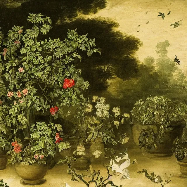 Prompt: a painting of ivy in a garden at night, black background, a flemish baroque by jan van kessel the younger, intricate high detail masterpiece