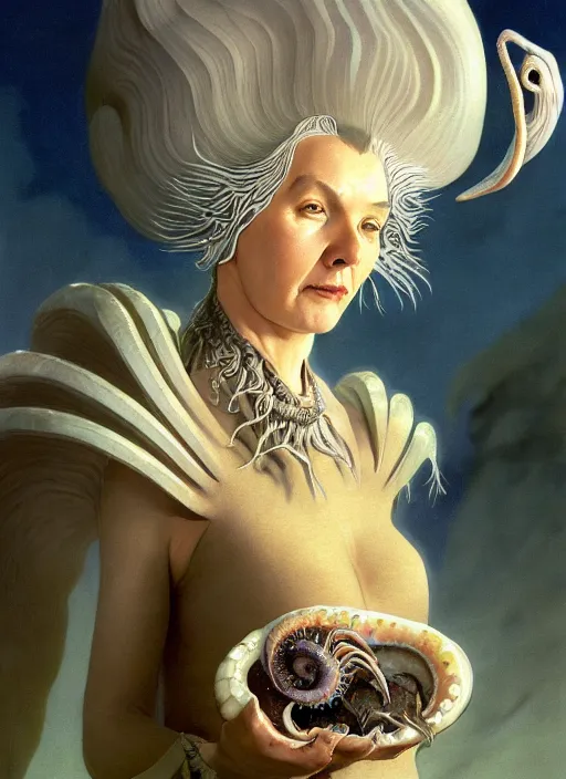 Image similar to cinematic portrait photo of the half ammonite dark crystal skeksis white haired retro woman with wet hair dressed in mother of pearl armor, biting into a juicy squid snack!!!!!!, ryden, kawase hasui, dorothea tanning, edward hopper and james gilleard, aivazovsky, beksinski, outram, artstation