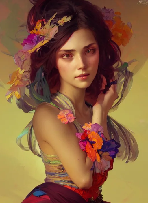 Image similar to portrait of an egirl, colorful, elegant, highly detailed, digital painting, artstation, concept art, smooth, sharp focus, illustration, art by artgerm and greg rutkowski and alphonse mucha