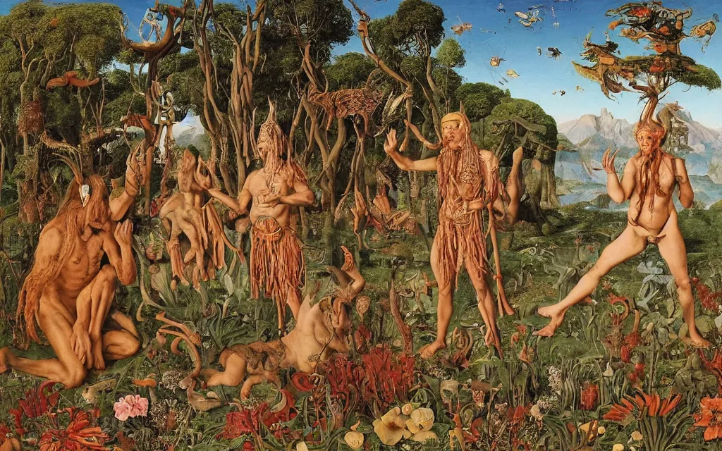 Image similar to a portrait photograph of a meditating centaur shaman and a flayed venus feeding reptiles at a wide river delta. surrounded by bulbous flowers, animals and a few trees. mountain range under a vast blue sky of burning stars. painted by jan van eyck, max ernst, ernst haeckel, ernst fuchs and artgerm, trending on cgsociety