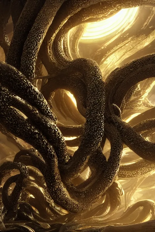 Prompt: giant ancient alien tentacles artwork by yoshitaka amano, black and gold, detailed background, extremely detailed, octane rendering, sharp focus, volumetric light, particles, unreal engine 5, rtx