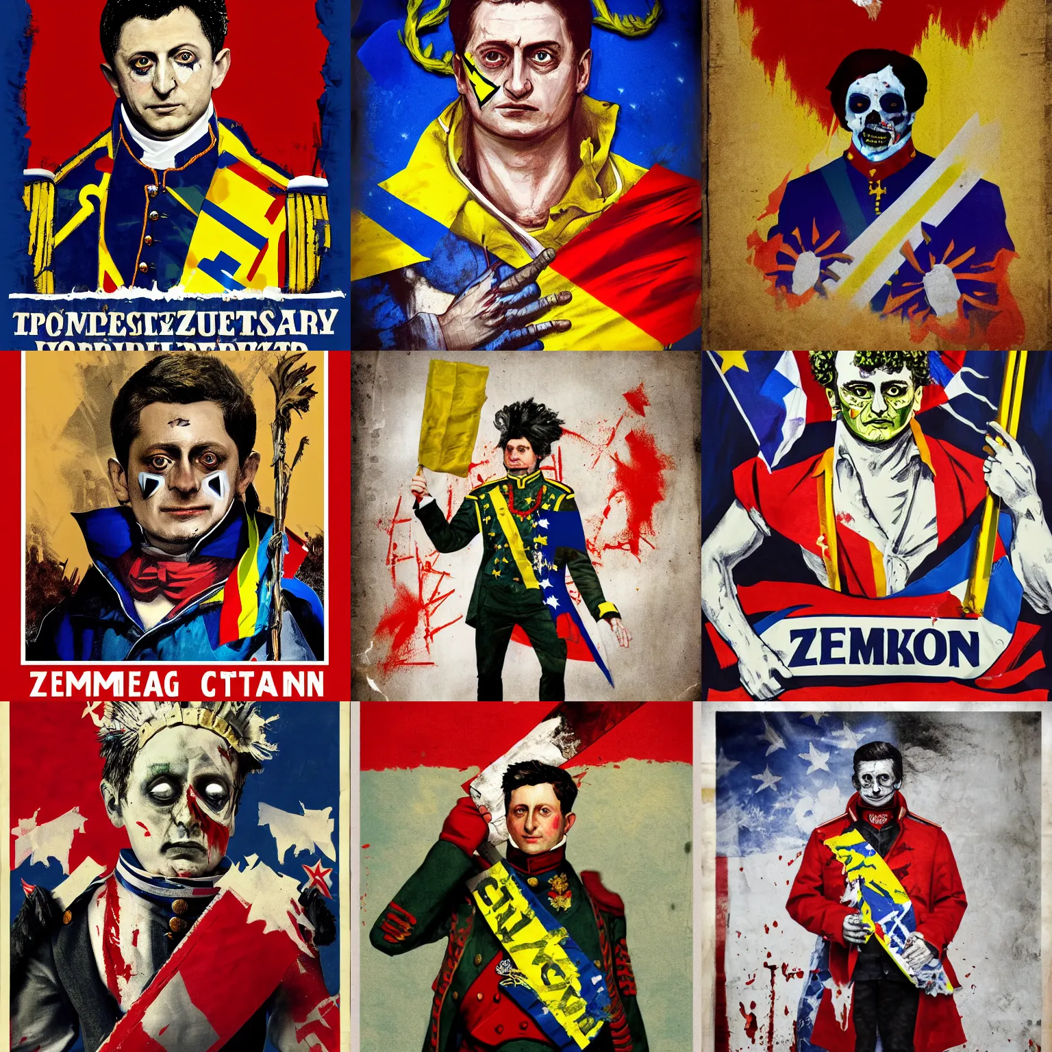 Prompt: a propaganda poster of Zelensky as a zombie dressed like Napoleon Bonaparte holding a torn flag of Ukraine in one hand and a torn flag of the USA in the other hand, digital painting, hyper realistic, hyper detailed, trending at artstation, sharp focus