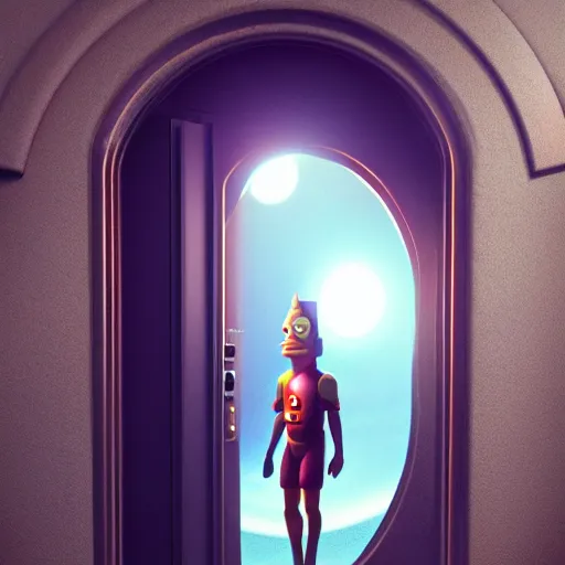 Prompt: a doorway to another universe ( futurama ), movie poster style, volumetric lighting, hyperrealistic, octane render, artstation