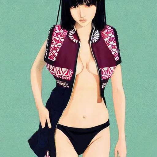 Image similar to a beautiful young japanese natalie portman alluring gravure model, stylized concept art, wearing elegant designer bomber jacket and one piece bikini, bomber jacket with mesoamerican patterns, mesoamerican native street fashion, princess mononoke, painted by ilya kuvshinov aesthetic, gorgeous, stunning, alluring, attractive, artstation, pinterest, digital art