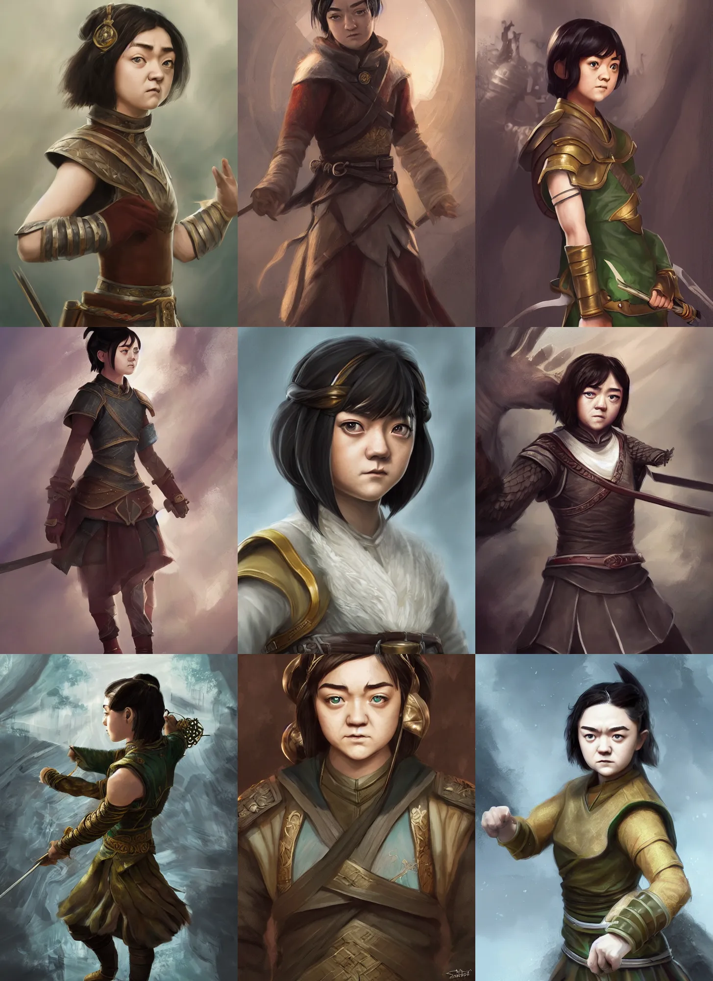 Prompt: asian maisie williams as toph bei fong, intricate, elegant, d & d, fantasy, highly detailed, digital painting, artstation, concept art, sharp focus, illustration, ross tran, aleksi briclot, rutkowski