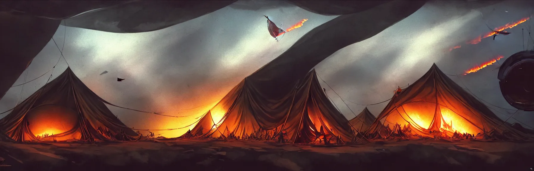 Image similar to You step out of the tent and are about to start running when it suddenly gets incredibly bright, Tents are on fire. you hear screams You look up, Mighty zeppelins hover in the sky above you, cruise missile strikes, a little further away, a camp is bombarded from the air, intricate and epic concept art, highly detailed, 8k, cinematic