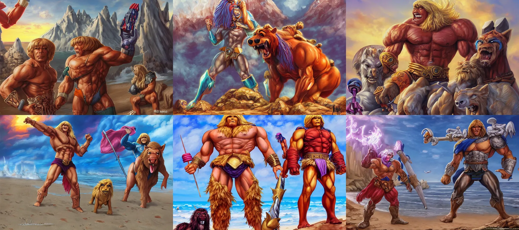 Prompt: Heman with alf, chiling in the beach of Mar del Plata by Artgerm, ortographic, zoom out