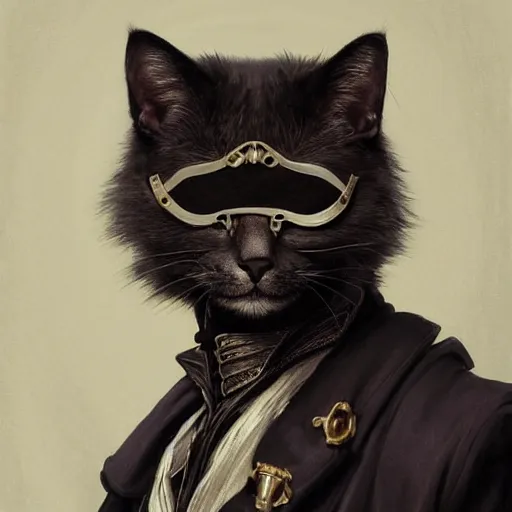 Image similar to portrait, male humanoid cat, eye patch on one eye, black fur, pirate, doctor, pirate clothes, d & d, fantasy, intricate, elegant, highly detailed, digital painting, artstation, concept art, matte, sharp focus, illustration, art by artgerm and greg rutkowski and alphonse mucha