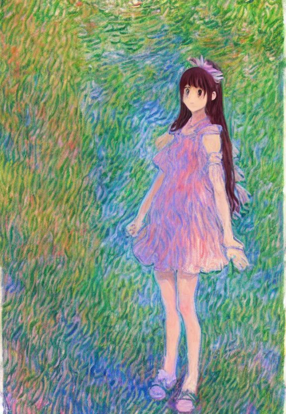 Image similar to wide angle painting of a teenage girl, a thrifty outfit, somewhat of an anime in impressionist style, fantasy forest background, trending artwork, illustrated in anime painter studio, by claude monet and an anime artist, collaboration