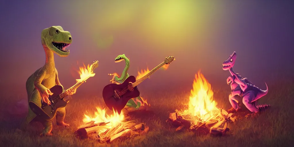 Prompt: A dinosaur playing the guitar beside a campfire, claymation, peaceful, pastel, sharp, Trending on ArtStation, Photorealistic, 8k, Detailed