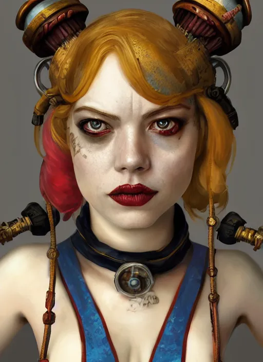 Image similar to underwater steampunk pirate portrait of emma stone as harley quinn, pretty face, hyper detailed, digital art, cinematic lighting, studio quality, smooth render, unreal engine 5, octane rendered, art style by klimt and nixeu and ian sprigger and krenz cushart.