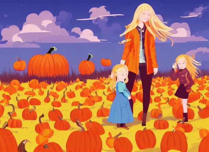 Prompt: little girl with long blonde hair and her mother visiting a pumpkin patch. clean cel shaded vector art. shutterstock. behance hd by lois van baarle, artgerm, helen huang, by makoto shinkai and ilya kuvshinov, rossdraws, illustration, art by ilya kuvshinov