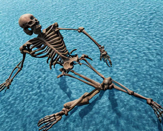 Prompt: a long shot of a giant skeleton award winning sculpture on the surface of the ocean, abstract sculpture, in the style of chad knight, hyper detailed, hyper realistic, ray tracing, 8 k resolution, sharp focus