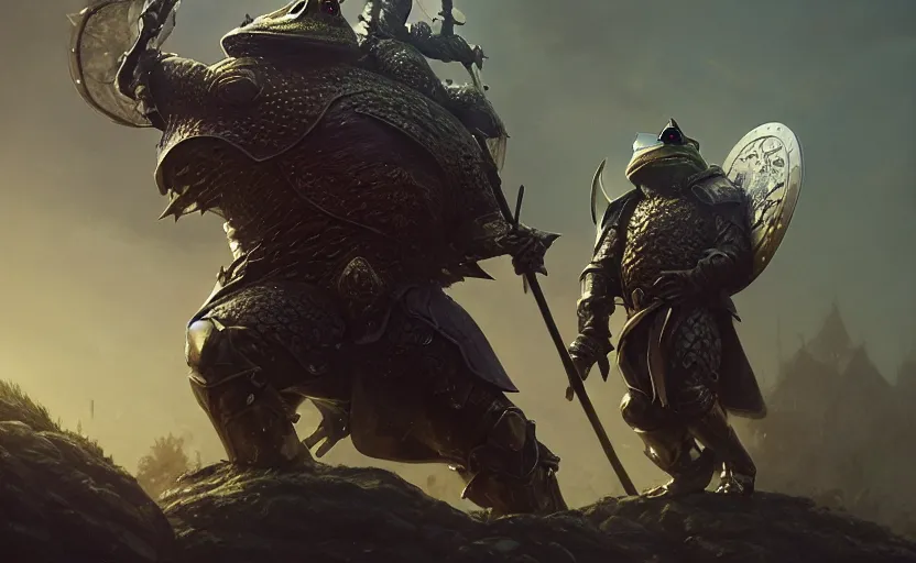 Prompt: a frog knight, holding up a large shield, battle armor, atmospheric lighting painted intricate volumetric lighting, beautiful, sharp focus, ultra detailed by leesha hannigan, ross tran, thierry doizon, kai carpenter, ignacio fernandez rios, makoto shinkai