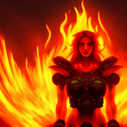 Image similar to fire goddess, skin of flames, body made of fire, wearing armor, rampaging, stormy background, forest fire, breathing fire, fire in hand, concept art, tiny person watching, artstation, 4k