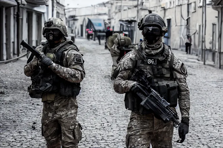 Image similar to Mercenary Special Forces soldiers in grey uniforms with black armored vest and black helmets in urban warfare in Russia 2022, Canon EOS R3, f/1.4, ISO 200, 1/160s, 8K, RAW, unedited, symmetrical balance, in-frame, combat photography