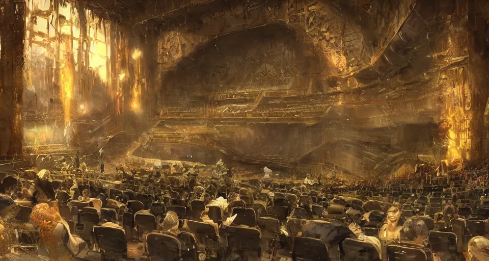 Image similar to craig mullins and ghibli digital art of inside the theater, on the stage, masked female violinists, exotic costumes, gold jewelry, black hair, solo performance unreal engine, hyper realism, realistic shading, cinematic composition, realistic render, octane render, detailed textures, photorealistic, wide shot