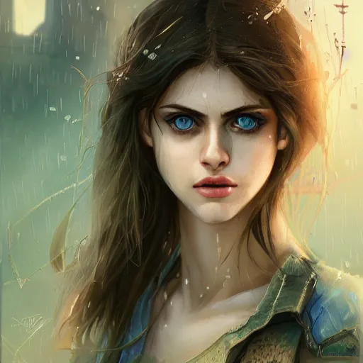 Prompt: manga portrait of Alexandra Daddario in a post apocalyptic world, anime, piercing blue eyes, overgrown city, fantasy, high detail, elegant, digital painting, natural light, vibrant, intricate, textured skin, highly detailed, artstation, sharp, focus, illustration, by Anna Dittmann, Ilya Kuvshinov, Nikolay Makovsky