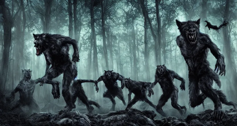 Image similar to an epic action photorealistic masterpiece of a pack of werewolves, in a forest made of nightmares, horrific digital art, extremely moody lighting, style of chippy