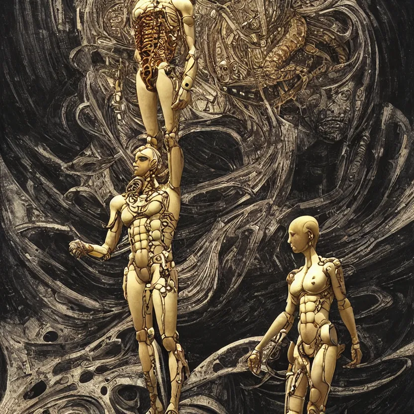 Prompt: still frame from Prometheus movie by Makoto Aida, cyborg with new life in guts standing in ornate gigerish spaceship by neri oxmn painted by Caravaggio and by Hisashi Tenmyouya by Fuyuko Matsui by Yasunari Ikenaga by Takato Yamamoto by beksinski