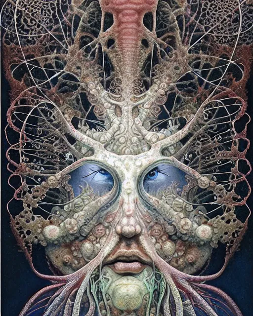 Image similar to realistic detailed underwater face portrait of the beautiful young god of the fish of the fractal waters with an intricate headgear of corals, sea kelp, sea plants, fish, starfish, jellyfish, art by ernst haeckel, zdzisław beksinski, hieronymus bosch, gothic, neo - gothic, ornamental, beautiful deep colours,