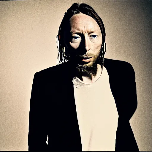 Image similar to Thom Yorke, a man with a beard and a black jacket, a portrait by John E. Berninger, dribble, neo-expressionism, uhd image, studio portrait, 1990s