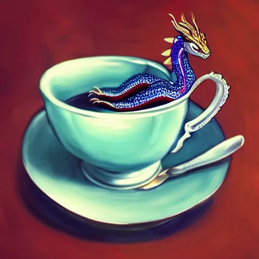 Image similar to tiny jeweled dragon sitting in a teacup, painting by artgerm