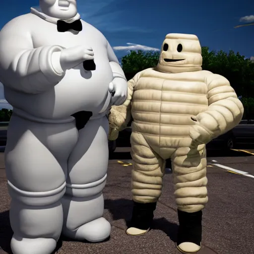 Image similar to the michelin man is standing in front of an applebee's restaurant. he has his hands behind his back in handcuffs. a police officer stands nearby holding a gun. the sun is going down. there is blood on the ground. ultra realistic, highly detailed, photography, vivid