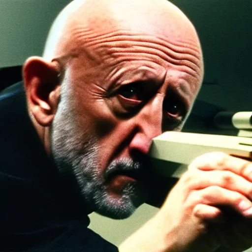 Prompt: Film still of Mike Ehrmantraut aiming with a sniper rifle, 4k, highly detailed