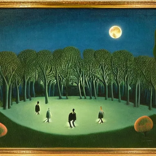 Image similar to central park at night, henri rousseau painting, moon light, teal palette