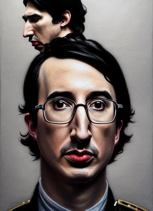 Image similar to painting of both john oliver and adam driver together, john oliver, adam driver, stoic, full body, military uniform, fantasy, intricate, elegant, beautiful, highly detailed, charcoal, centered, dark, smokey, digital painting, concept art, smooth, sharp focus, illustration, art by artgerm, art by greg rutkowski, art by alphonse mucha