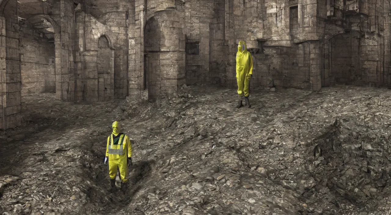 Image similar to a single man in hi viz hazmat suit wanders around a crumbling victorian london sewer, stunning render, high octane, 3 d, cinematic lighting