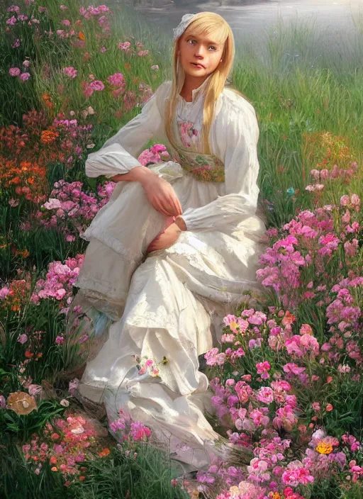 Image similar to a professional painting of an russian young blonde girl intricate, wearing russian folk clothes, in the morning light, at the beautiful river, surrounded by flowers, elegant, digital painting, concept art, smooth, sharp focus, finely detailed illustration, beautifully framed, from Metal Gear, in the style of Artgerm and Greg Rutkowski and William-Adolphe Bouguerea