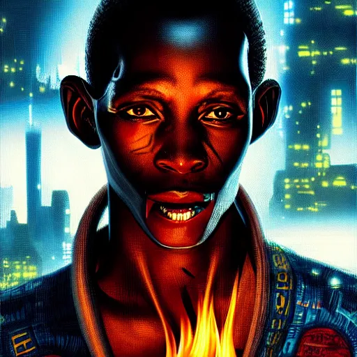 Image similar to shaka zulu as a cybperpunk gangster, eating fire in the neon ghetto, by greg rutkowski and android jones in a surreal portrait style, cyberpunk, oil on canvas, 8k