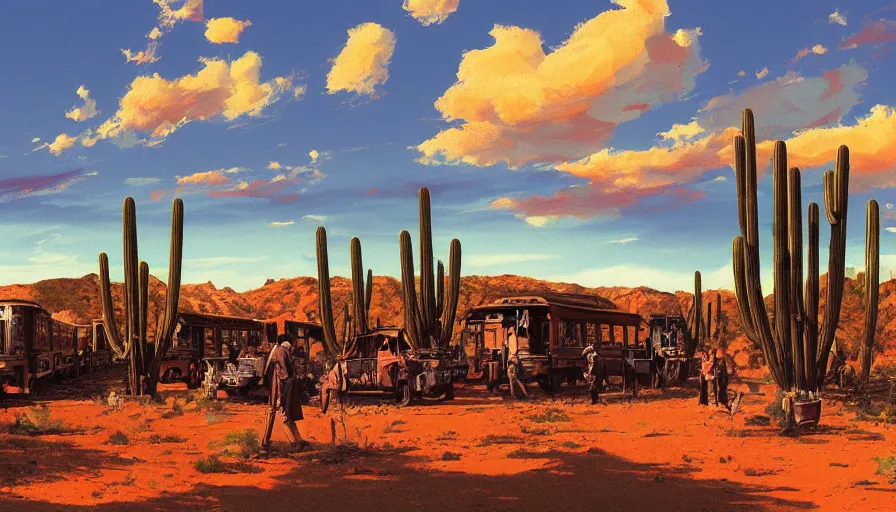 Image similar to train station roadside old west saloon cactus graveyard sunset sky clouds illustration by syd mead artstation 4 k 8 k graphic novel concept art matte painting