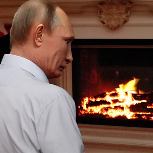 Image similar to vladimir putin looking at a log fire photograph, nikon lighting effect dof