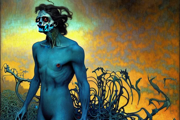 Image similar to realistic detailed portrait painting of a beautiful male zombie, nightly graveyard landscape background by Jean Delville, Amano, Yves Tanguy, Alphonse Mucha, Ernst Haeckel, Edward Robert Hughes, Roger Dean, masterpiece, cinematic composition, dramatic pose, 4k details, rich moody colours, blue eyes